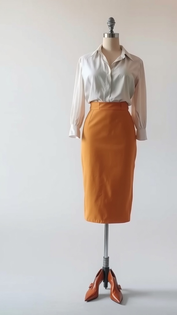 A mannequin displaying a polished orange pencil skirt paired with a white button-up shirt and orange heels.