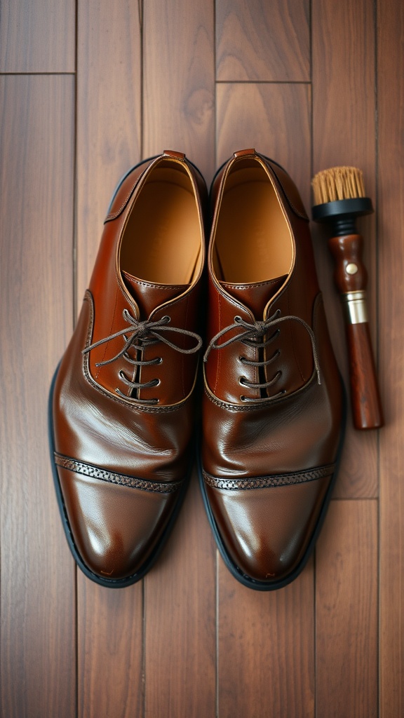 A pair of polished brown business casual shoes with a shoe brush on a wooden floor.