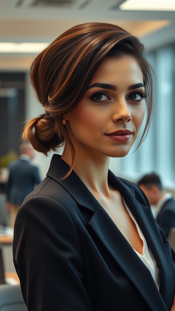 A woman with medium length hair styled in a polished side part, wearing a black blazer and looking confidently at the camera.