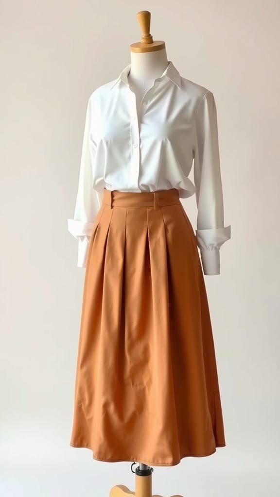 A polished outfit featuring a white blouse and an orange skirt, displayed on a mannequin.