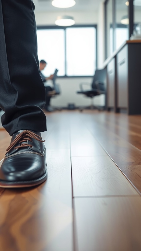 A close-up of polished sneakers paired with smart trousers in an office setting, showcasing a stylish business casual look.