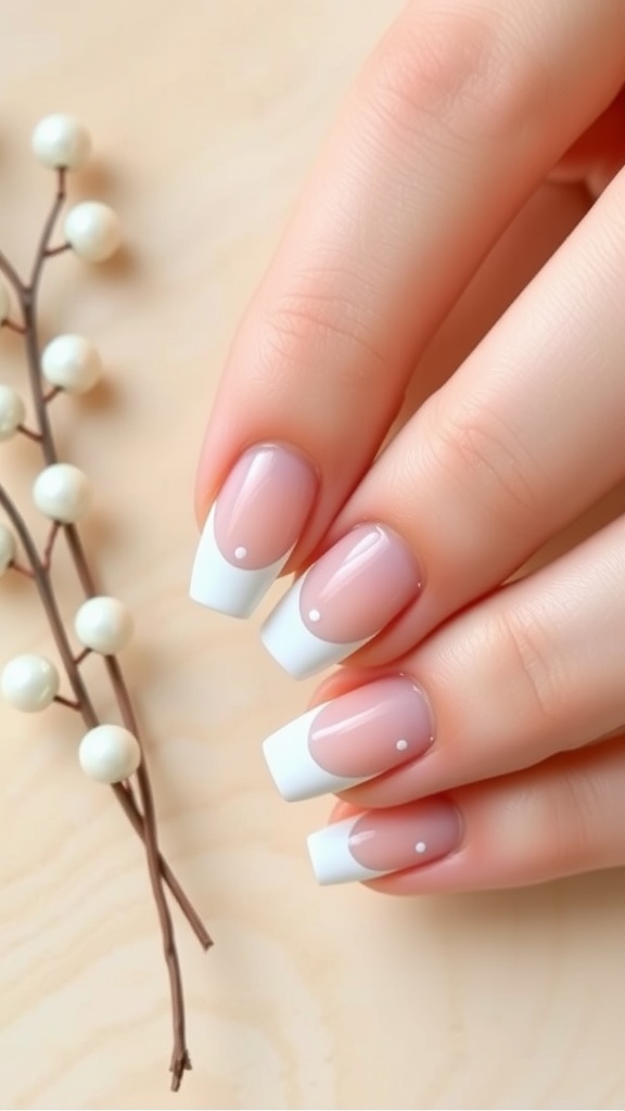 Nails with polka dot French tips featuring a nude base and white tips.