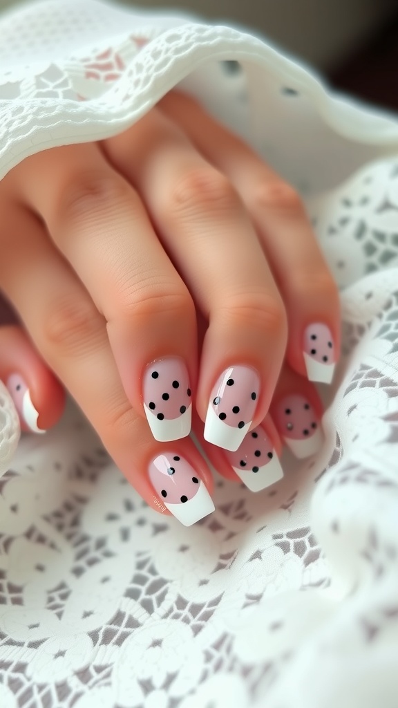 Close-up of hands with black polka dot French tips on nails