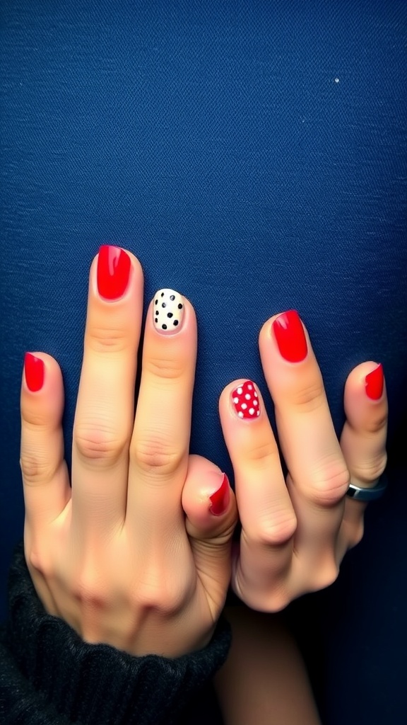 A close-up of manicured hands with red nails and polka dot accents.