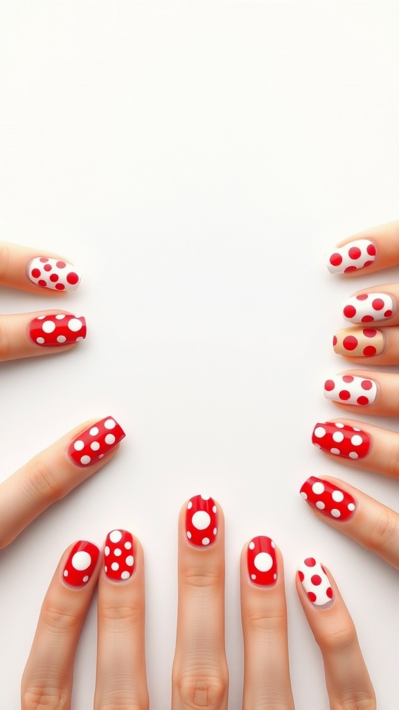A collection of red and white polka dot nail designs, showcasing various patterns and styles.