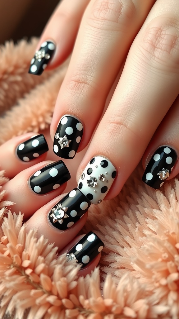 Black and white polka dot nail art with gems on a soft background.