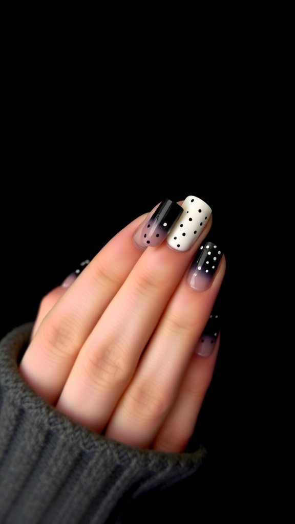 A hand with black polka dot ombre nails, showcasing a playful and elegant design.
