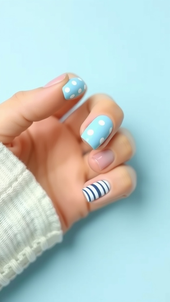 Light blue nail art featuring polka dots and stripes