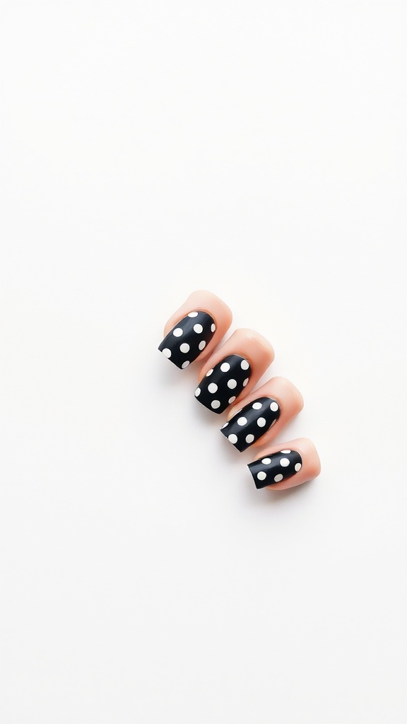 Short nails with black polish and white polka dots