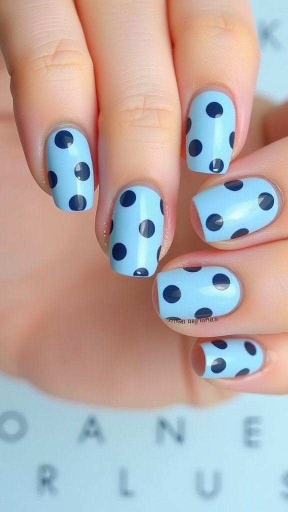 Nail design featuring light blue base with dark blue polka dots.