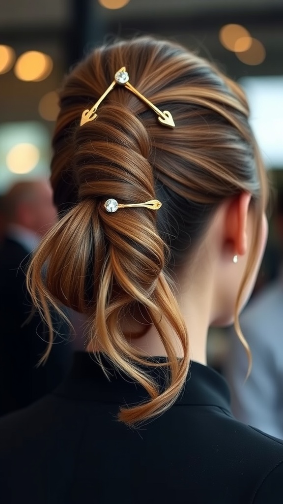 A stylish ponytail adorned with gold decorative hairpins and a sleek look.