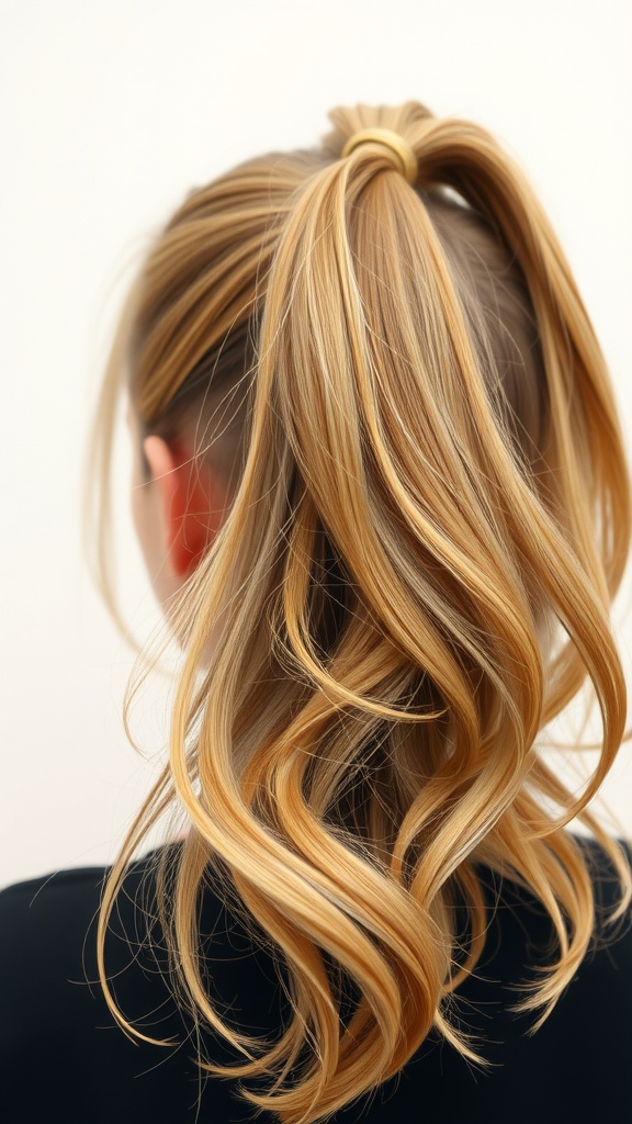 A close-up of a ponytail hairstyle featuring face-framing layers, showcasing soft curls and a sleek look.