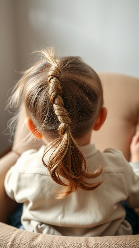A toddler with a ponytail featuring twisted accents, showcasing a playful hairstyle.