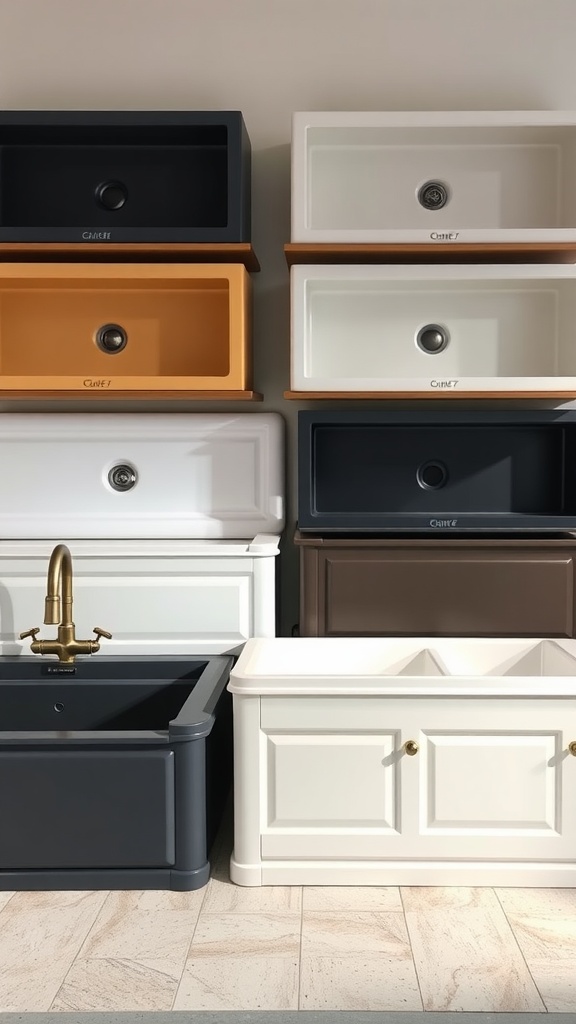 A display of several farmhouse kitchen sinks in different colors and finishes, including white, black, orange, and brown.