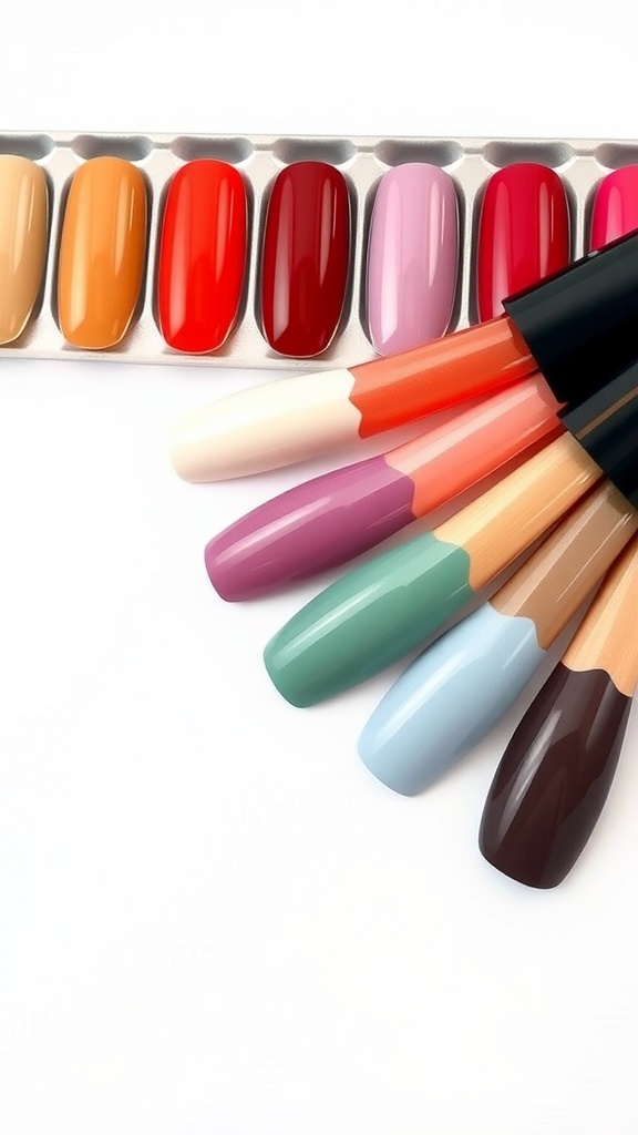 A variety of nail polish colors displayed for almond nails, including warm neutrals, bold reds, pastel shades, and earthy tones.