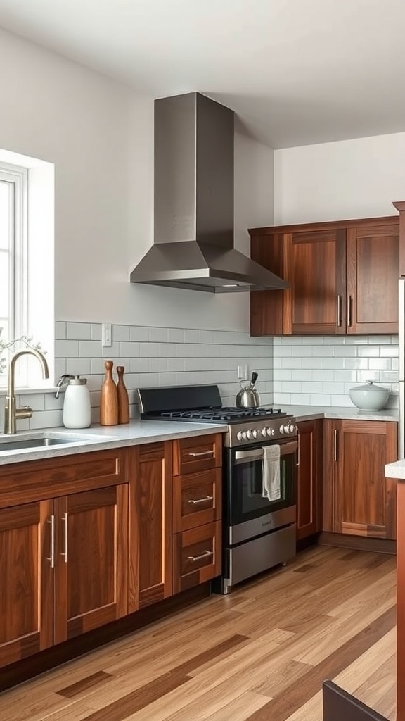 A modern kitchen with warm wood cabinets and stainless steel appliances.
