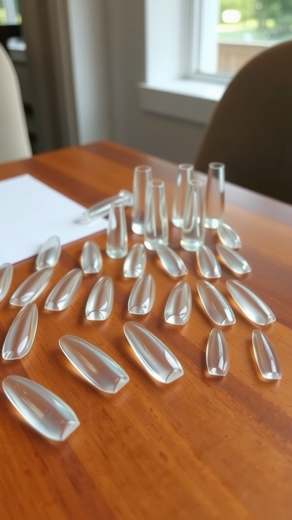 Different shapes of clear acrylic nail tips on a wooden table