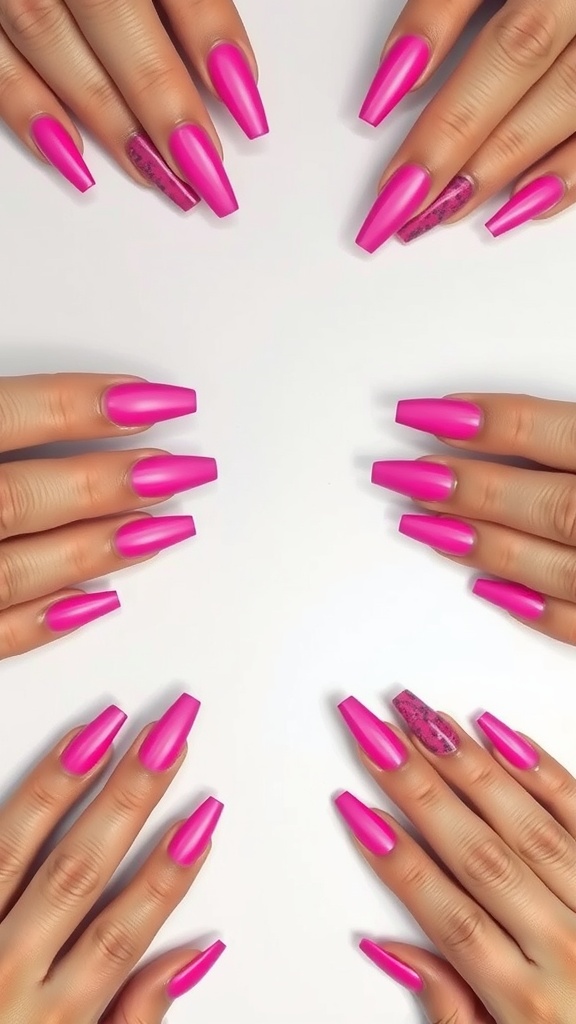 Multiple hands with hot pink chrome nails, showcasing different designs and finishes