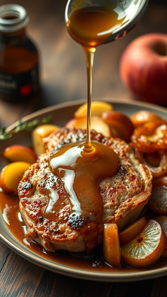 Pork chops drizzled with apple cider sauce and garnished with apple slices.