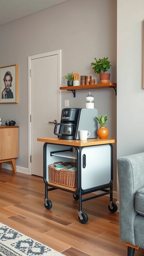 A modern portable coffee station on wheels with a coffee maker, cups, and storage basket.