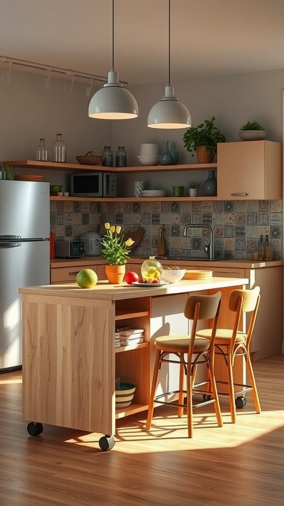 A small kitchen featuring a portable wooden island with fruits and two stools, showcasing a cozy and functional design.