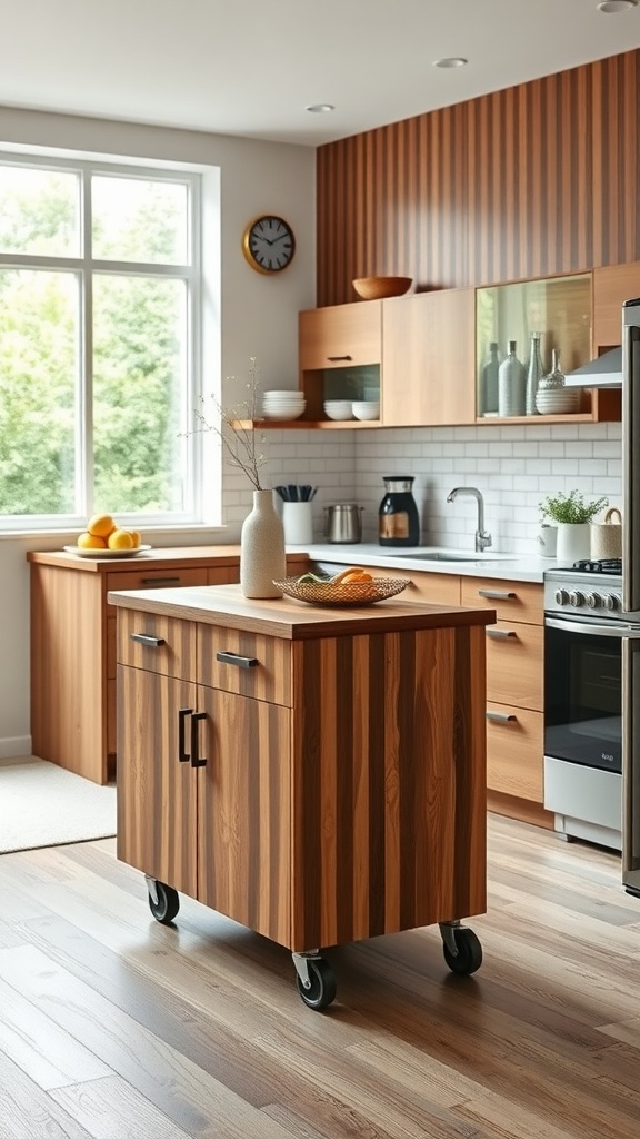 A portable kitchen island with a wooden finish and wheels in a well-lit kitchen.