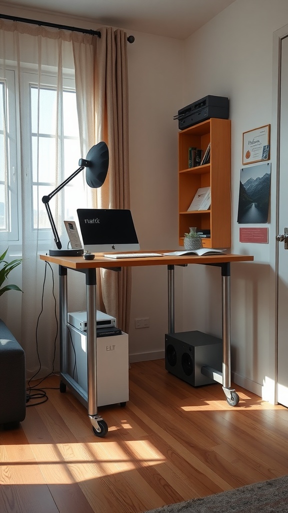 A compact desk with a laptop, lamp, and shelves in a bright room.