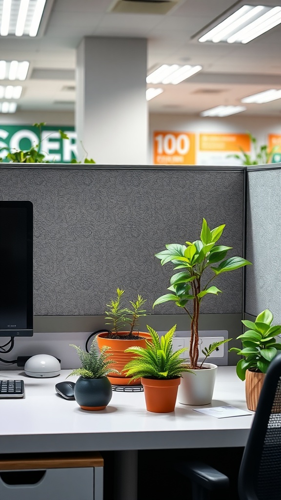 A workspace desk with various potted plants, a computer, and office supplies.