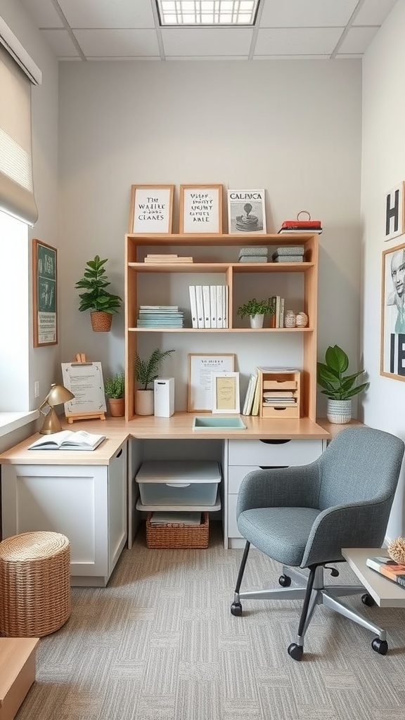 A well-organized therapy office with shelves, plants, and a comfortable chair.