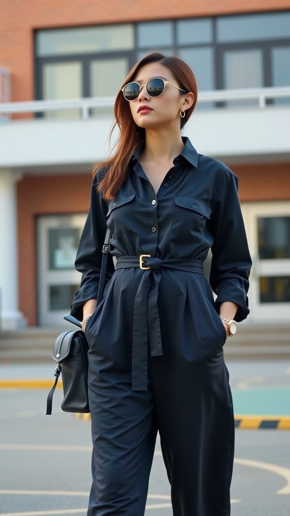 A woman in a stylish black jumpsuit with sunglasses and accessories posing confidently.