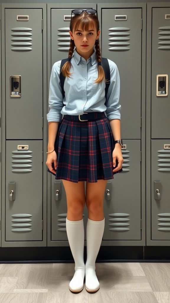 A student wearing a plaid pleated skirt with a light blue shirt, knee-high socks, and white shoes, standing in front of school lockers.