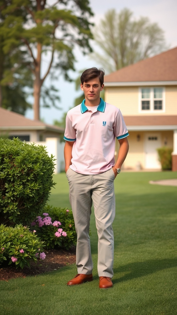 A young man in a light pink polo shirt and light trousers stands on a well-manicured lawn.