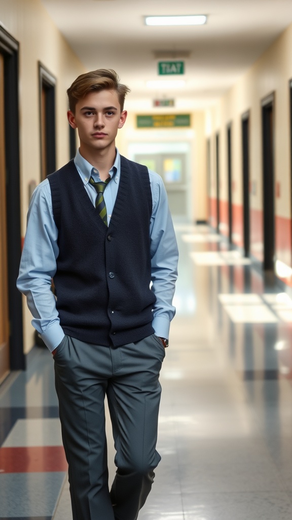 A student wearing a navy sweater vest over a light blue shirt and tie, walking in a school hallway.
