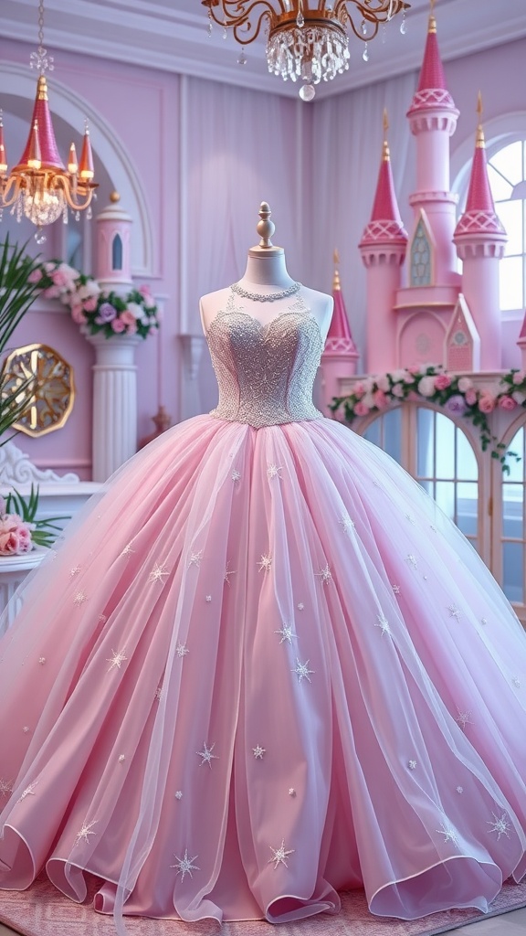 A beautiful princess-inspired ball gown in soft pink, featuring a beaded bodice and a flowing tulle skirt, displayed in a fairytale-like setting.