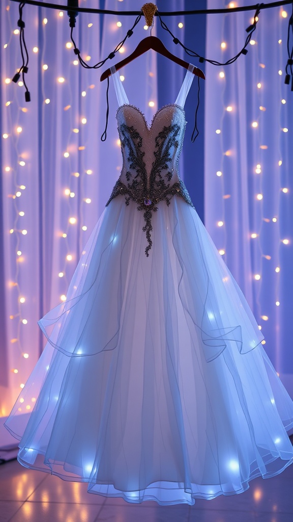 A beautiful princess-inspired ball gown with a flowing skirt and glowing lights, hanging gracefully against a backdrop of fairy lights.