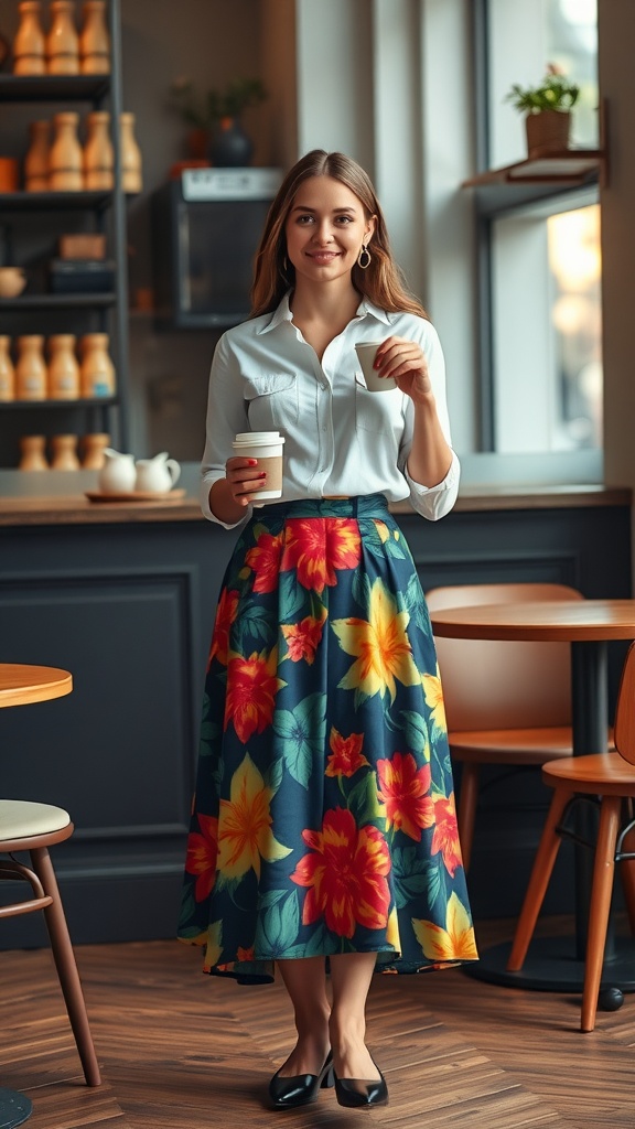 A woman in a floral print midi skirt and a button-up shirt, holding a coffee cup, standing in a cozy café setting.