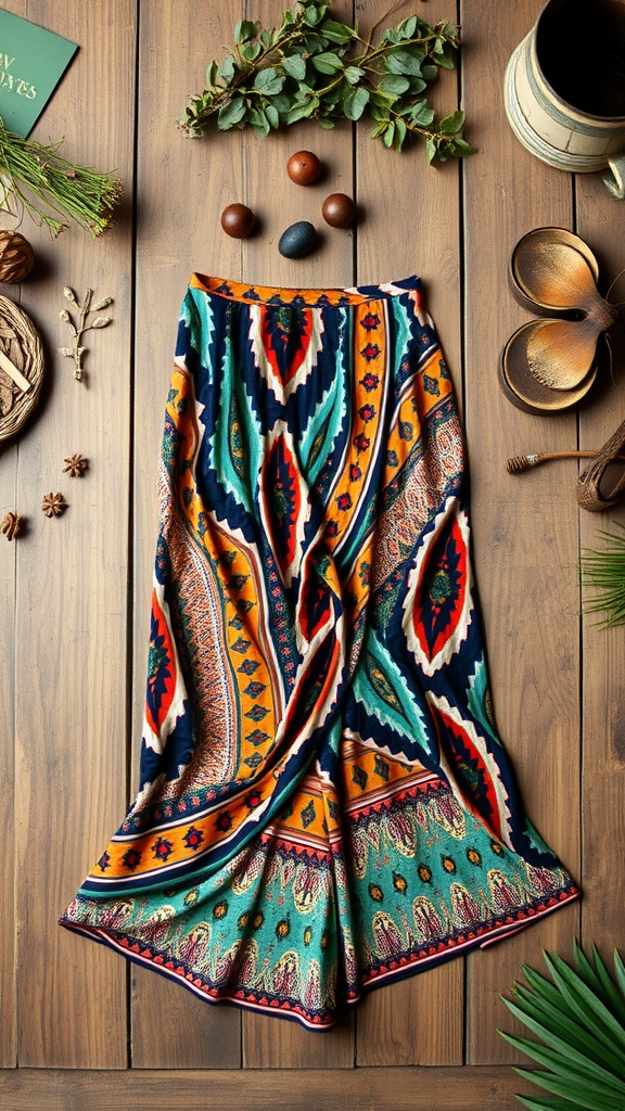 A colorful printed bohemian wrap skirt displayed on a wooden surface with decorative elements.