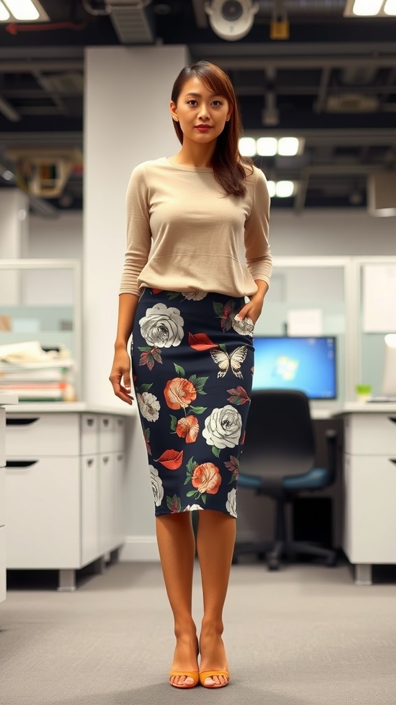 A woman wearing a floral printed pencil skirt with a solid beige top in an office setting.