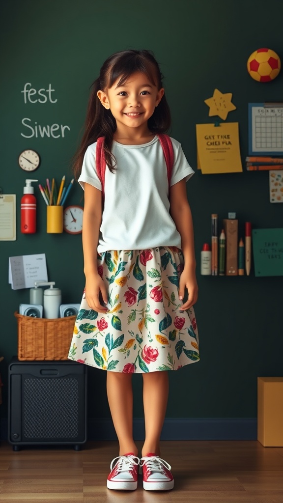 A young girl wearing a floral printed skirt and a basic white tee, smiling with a backpack in a classroom setting.