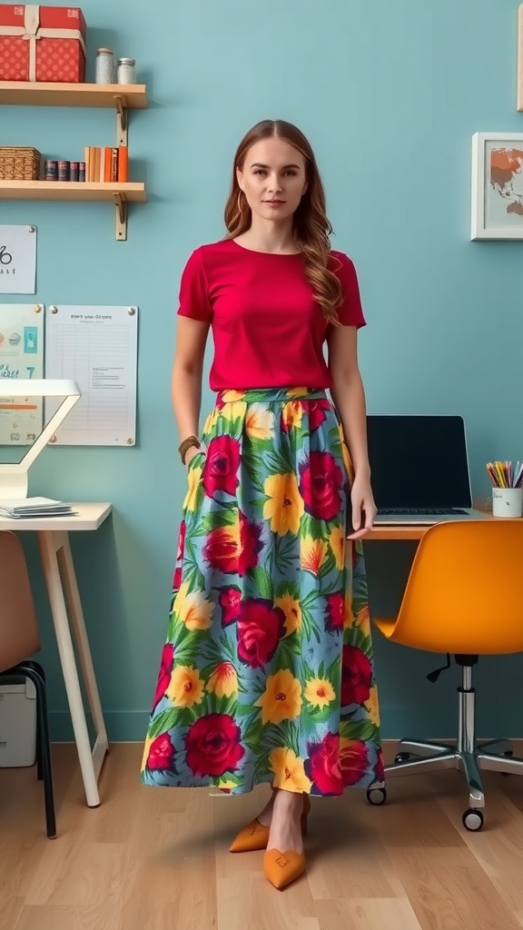 A woman in a bright floral skirt and red top stands in an office setting, showcasing a business casual outfit.