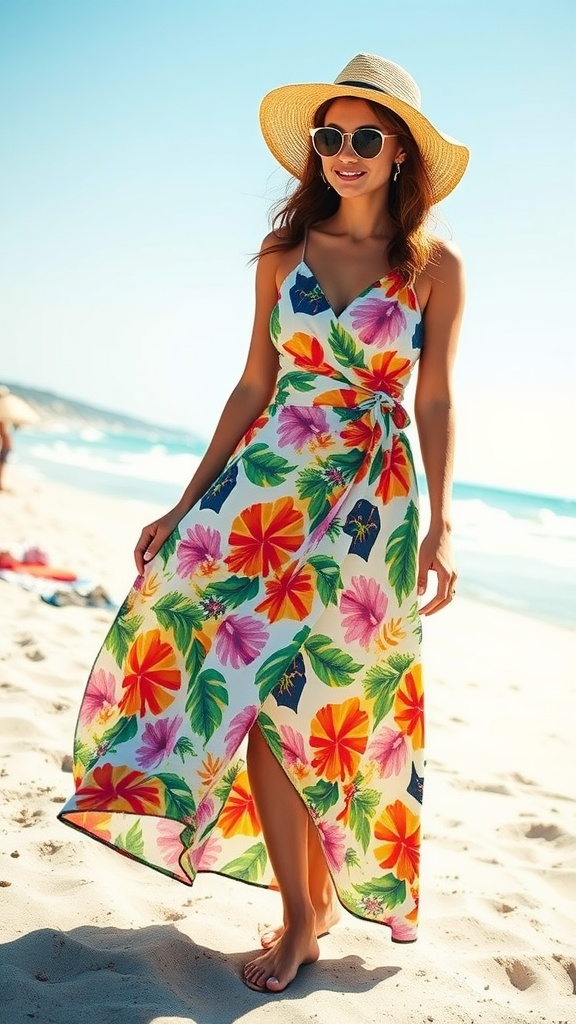 A woman wearing a colorful printed wrap skirt on the beach, showcasing vibrant flowers and leaves.