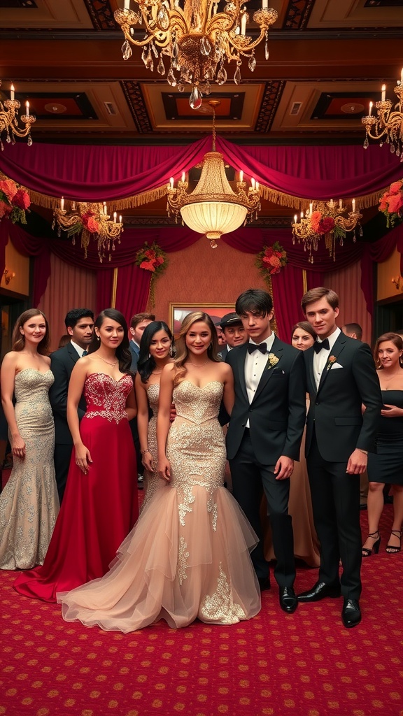 A group of elegantly dressed young adults at a prom night setting inspired by High School Musical.