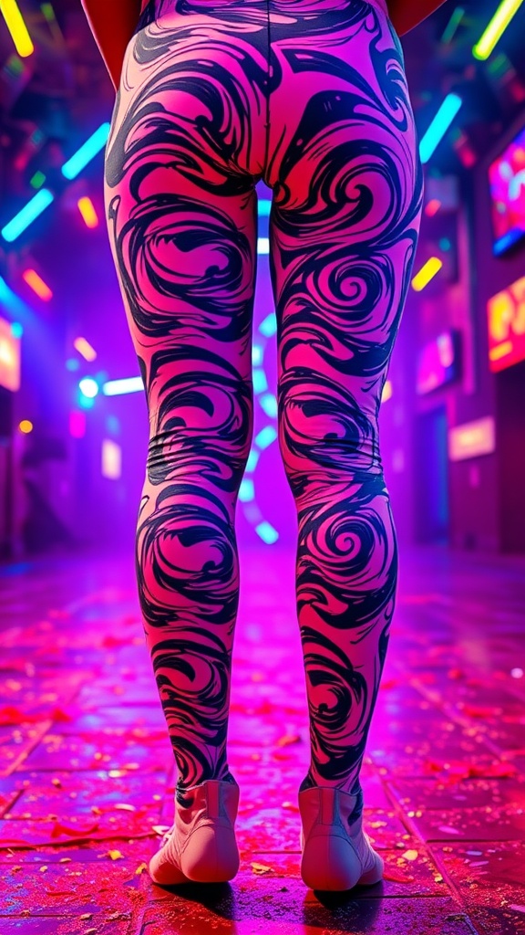 A person wearing psychedelic leggings with pink and black swirls in a colorful rave environment