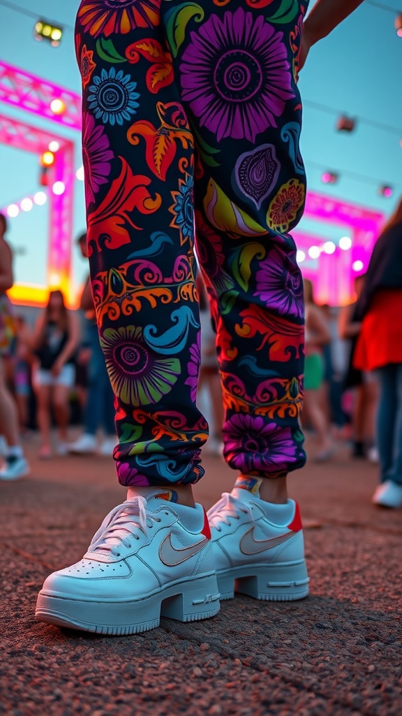 Colorful psychedelic print joggers paired with white sneakers, set against a rave backdrop.