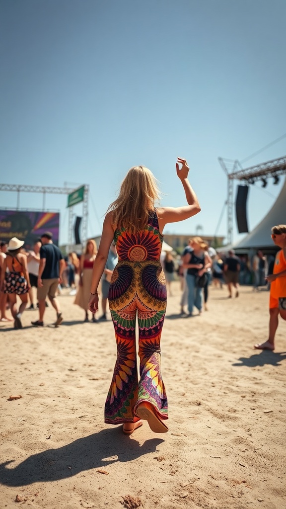 A person wearing a colorful psychedelic print jumpsuit at a festival, waving to the crowd