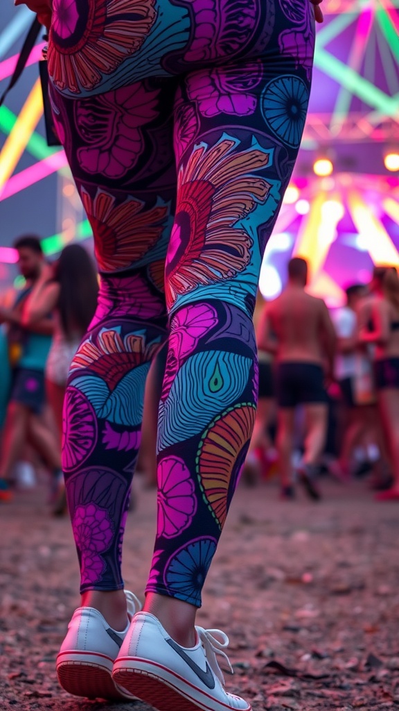 A person wearing colorful psychedelic print leggings and white shoes, standing at a rave with colorful lights in the background.