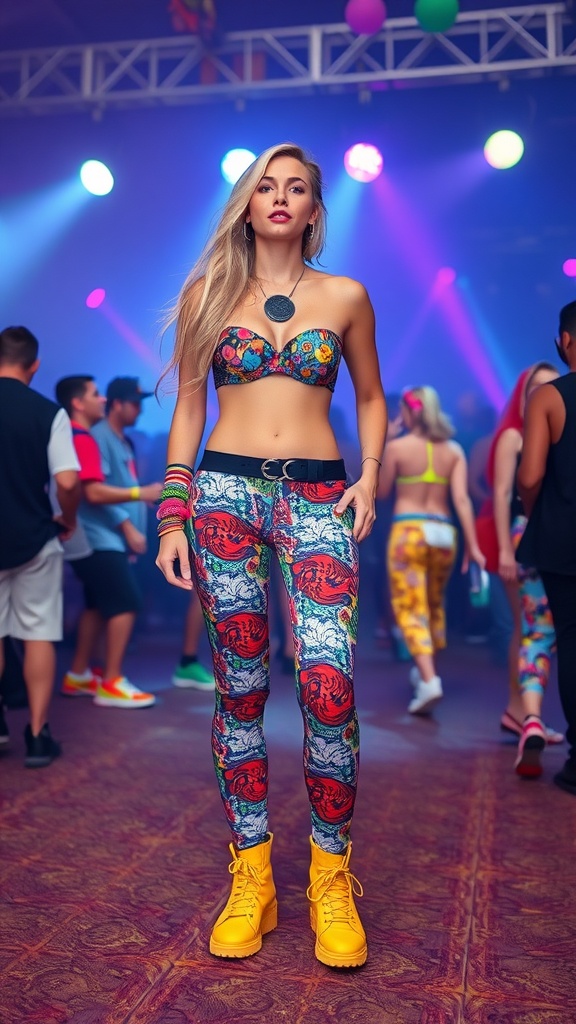 A person wearing psychedelic print leggings and matching accessories at a rave.