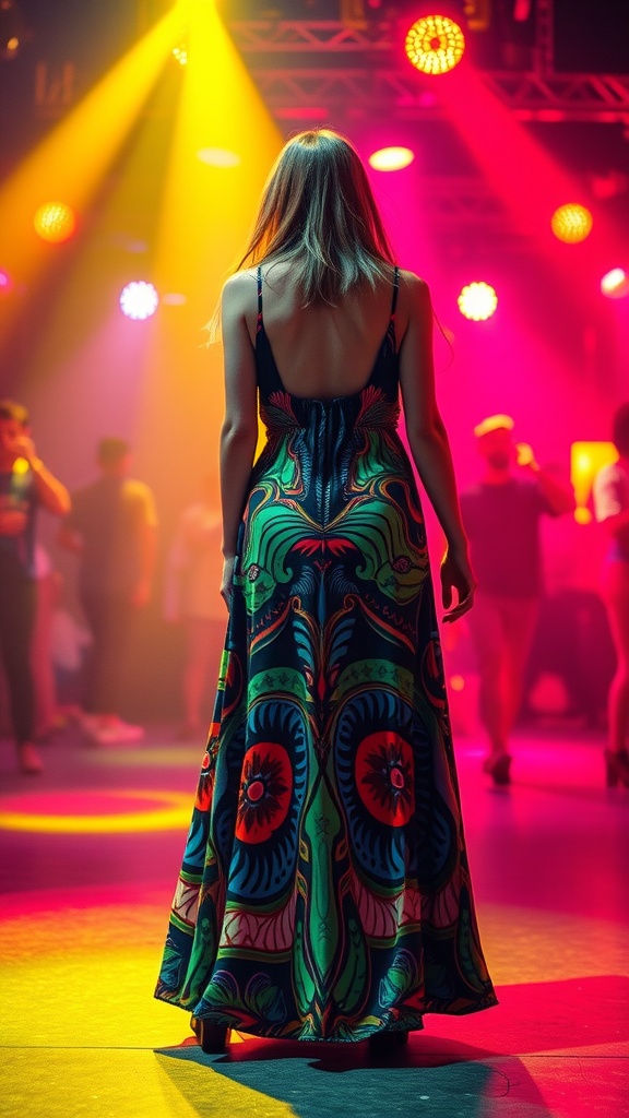 A person wearing a colorful psychedelic print maxi dress, standing with their back to the camera, in a lively rave setting with bright lights.