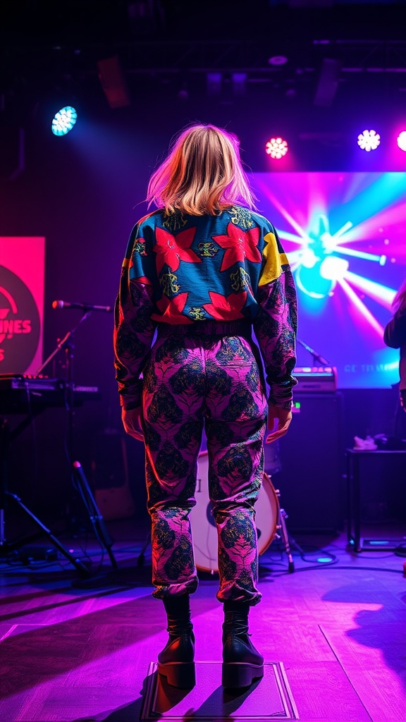 Person wearing a colorful psychedelic outfit standing in front of a stage with bright lights.