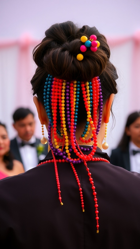 A puffed updo hairstyle featuring colorful beads in various shades, styled elegantly for a wedding.